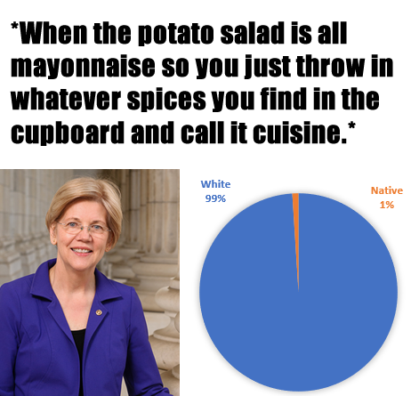 The meme is a humorous take on the stereotype that many Americans have a limited understanding of international cuisine. The image features a photo of Elizabeth Warren, a US Senator, with a caption that reads: "When the potato salad is so American, you just assume everyone eats it with mayonnaise, and then someone says, 'I put ketchup on my fries, too.'" The meme is likely referencing a humorous conversation or joke about cultural differences in food preferences.